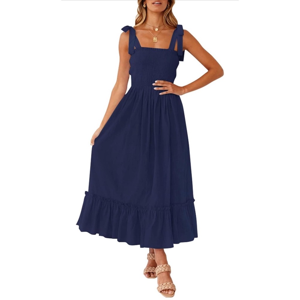 Spaghetti Strap Bows, Square Neck Navy Ruffle A Line Maxi Dress, Size Large